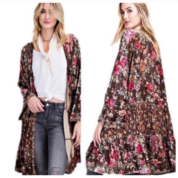 easel Sweaters - Easel Floral Velvet Multicolor Open Boho Women's Cardigan Medium